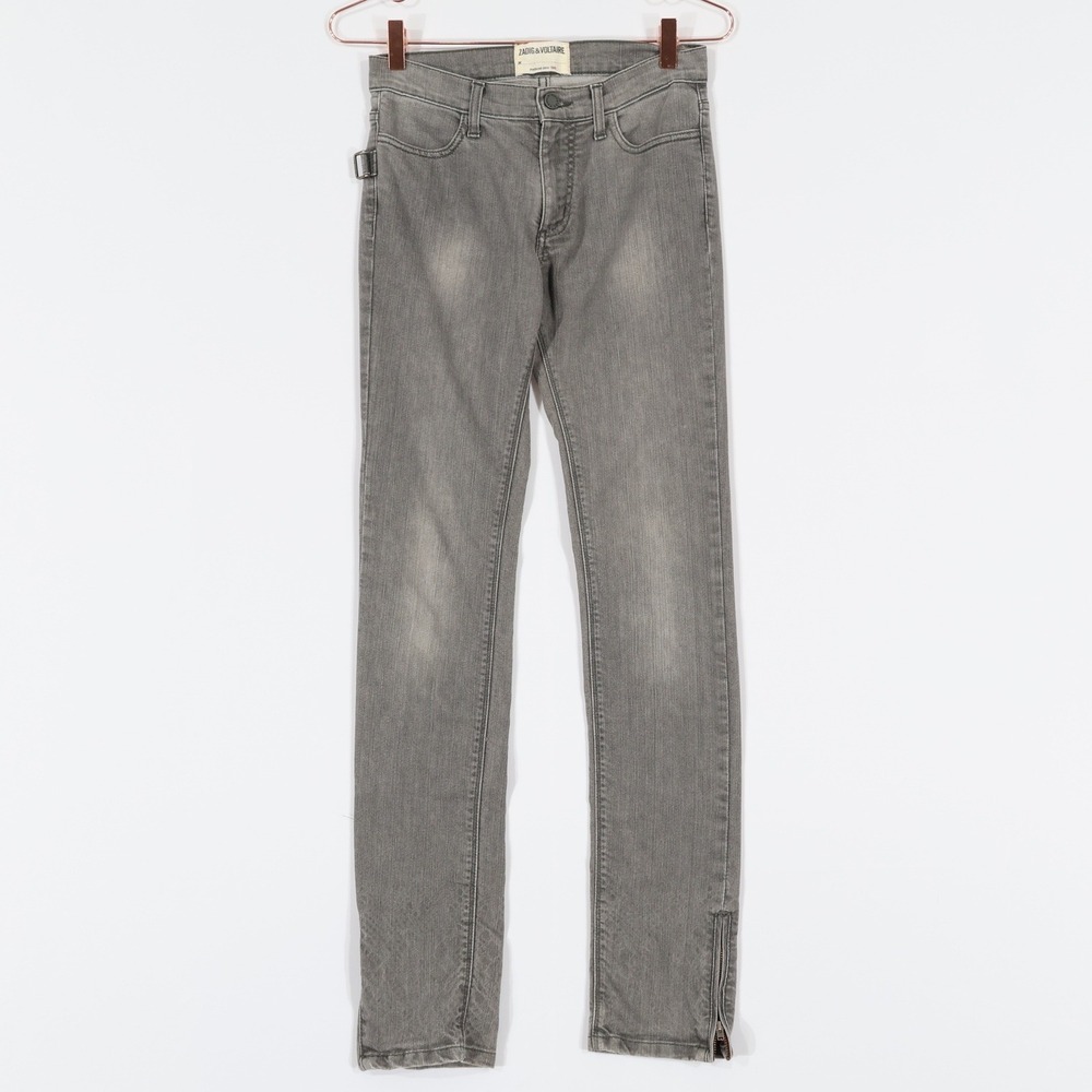 Zadig & Voltaire Eva Jeans Women 26 Grey Skinny Ankle Zip Buckle Grunge Alt Moto